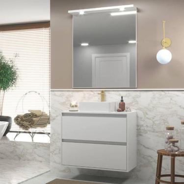 Imagem de Gabinete Para Banheiro Com Cuba E Espelheira Com Led 80cm Mdf Branco Dubai - On Móveis