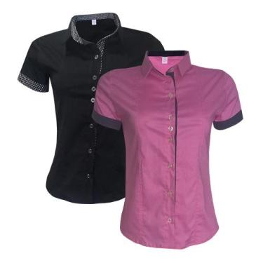 Imagem de Blusa Feminina Social Manga Curta Preto Rosa Combo 2 UN - Lojas Vicent