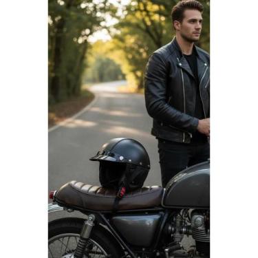 Imagem de Capacete Coquinho Couro Moto Scooter Vintage Preto Brilhante - Congrat