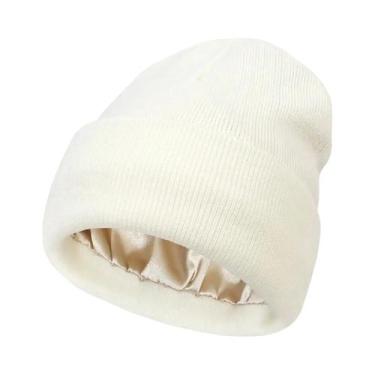 Imagem de Gorro Feminino De Inverno Antiestático Forrado Em Cetim, Touca De Malh