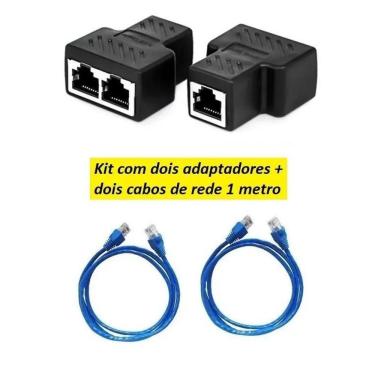 Imagem de Kit Adaptador Duplicador Cabo Rede Rj45 + 2 Cabo 1M Internet