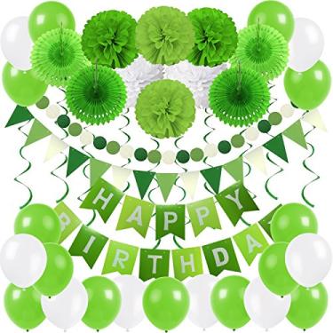 Imagem de ZERODECO Decoração de festa de aniversário, faixa de feliz aniversário com 4 leques de papel, 6 pompons de papel, 10 espirais para pendurar e 20 balões para decorações de festa de aniversário - verde e branco