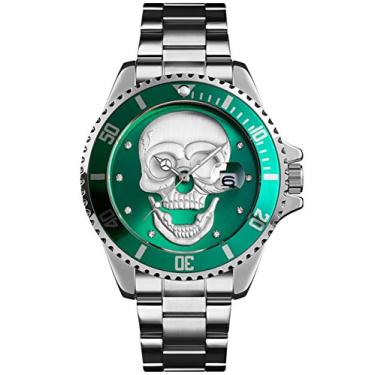 Imagem de Timesbird Relógios verdes masculinos prateados com mostrador de caveira com data de quartzo, pulseira de aço inoxidável, Verde, Moderno