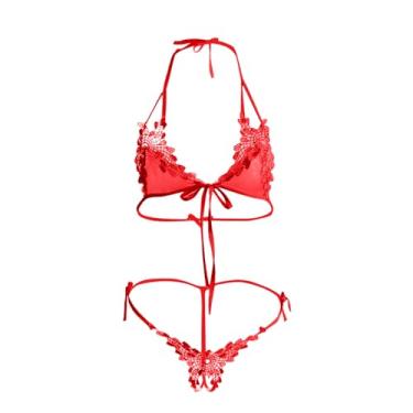 Imagem de Conjuntos de tanga feminina, roupa íntima, roupa de banho, biquíni, tanquíni, conjunto de tanga sexy de renda, O-011 Vermelho, Tamanho Único