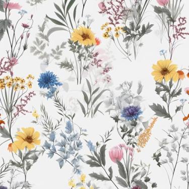 Imagem de XRUIBZI Papel de parede floral branco colorido aquarela floral papel de parede de contato vinil para armários papel de parede autoadesivo à prova d'água para cozinha bancada parede 44,5 cm x 998,2 cm