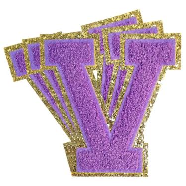 Imagem de 3 peças de remendos de letras de chenille roxo glitter ferro em remendos de letras universitários remendo bordado de chenille costurar em remendos para roupas chapéu bolsas jaquetas camisa (roxo, V)