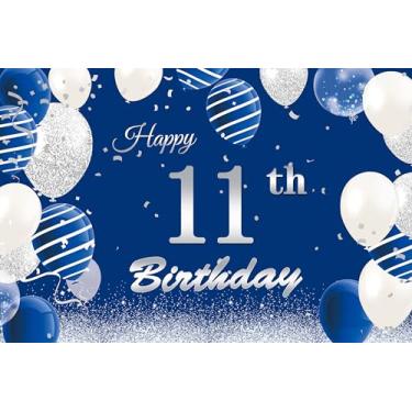Imagem de Banner de feliz aniversário de 11 anos, 1,8 x 1,2 m, azul prateado, decorações de aniversário para meninos, tecido de pôster de fundo de festa