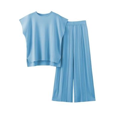 Imagem de Zaxqunty Conjunto de suéter feminino de 2 peças, colete de malha, calça de cintura elástica, Azul-celeste, GG