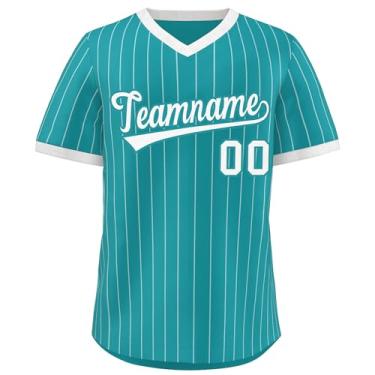 Imagem de Camiseta de beisebol listrada personalizada com decote em V uniforme esportivo costurado número para homens mulheres jovens, Azul-petróleo/branco-06, One Size