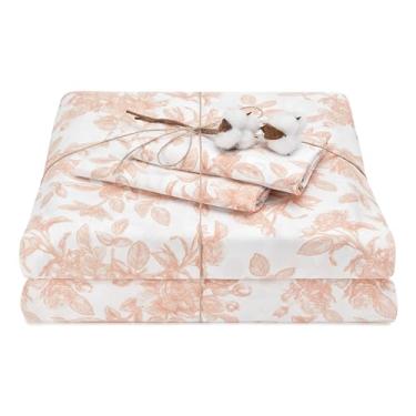 Imagem de Elegant Cotton Jogo de lençol Queen 100% algodão orgânico puro - estampa floral rosa pêssego rosa - jogo de 4 peças - lençol com elástico, lençol de cima e 2 fronhas - Queen