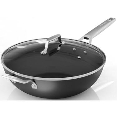 Imagem de Frigideira wok da MsMk antiaderente de titânio e cerâmica com tampa, frigideiras de 30 cm e frigideiras com alça para ficar frio, wok de fundo plano para indução, eletricidade, gás, halogênio, todos