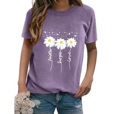 Imagem de Camisetas femininas de manga curta com gola redonda e estampa margarida verão Faith-Hope-Love Raglan Sleeve Tees Loose Fit Graphic Tops 2024, Roxa, G