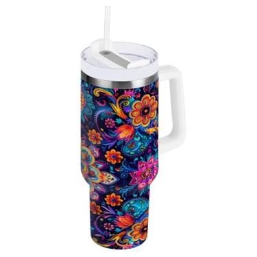 Imagem de Nander Copo com estampa floral mexicana de 850 g com alça e tampa de palha, copo de café isolado, reutilizável, garrafa de água de aço inoxidável, porta-copos, mantém frio ou quente