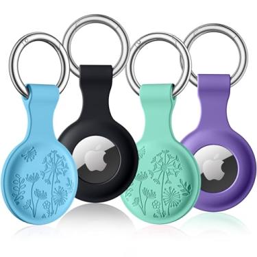 Imagem de Lerobo Pacote com 4 flores gravadas para suporte de airtag, capa de silicone compatível com Apple Air Tag com chaveiro, suportes de Airtag à prova de choque e poeira para rastreamento de animais de