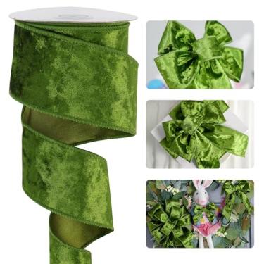 Imagem de HUIHUANG Fita de veludo verde musgo com fio de 6,3 cm, fita de borda de arame de musgo leve para grinaldas de primavera, fabricação de laços, embrulho de presente, cesta de presente, guirlanda,