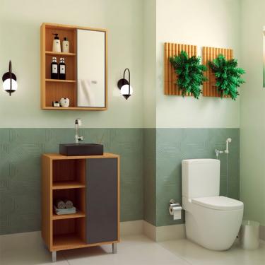 Imagem de Conjunto de Gabinete com Cuba Preta e Armário de Banheiro com Espelho Julia 2 PT Mel e Grafite