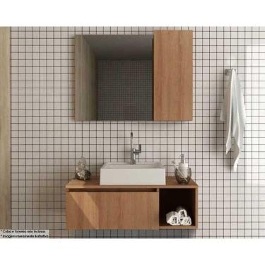 Imagem de Conjunto de Banheiro Balcão Suspenso BN3601 s/ Cuba 80cm e Armário c/ Espelho BN3602 Amêndoa - Tecno Mobili