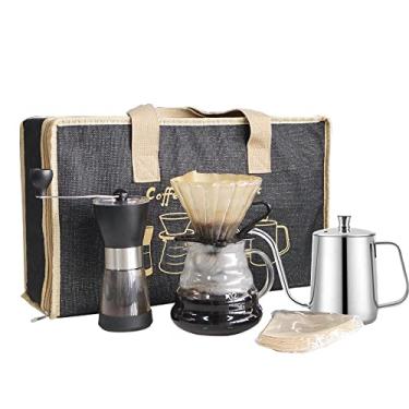 Imagem de SOTECH Conjunto de cafeteira com chaleira de pescoço de ganso preto, suporte de filtro de madeira, goador de café, servidor de vidro com filtros de café de papel, conjunto de café manual para amantes