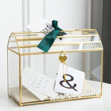Imagem de Giadun Caixa de cartão de casamento com compartimento, caixas de cartão de vidro grandes de 30 cm para recepção, porta-cartões dourado, caixa de armazenamento decorativa transparente com trava para