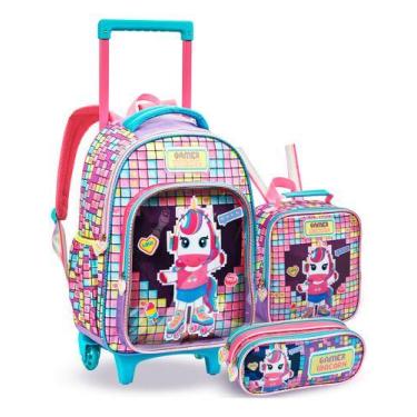 Imagem de Kit Mochila Escolar Infantil Lancheira Estojo Unicornio Gamer Rosa Men