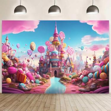Imagem de 1,5 x 0,9 m Candyland pano de fundo fantasia doce castelo decoração de fotografia colorido pirulito rosa nuvens faixa princesa meninas festa de aniversário adereços de cabine de fotos suprimentos