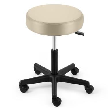 Imagem de JMU Banco de rodinhas resistente de 181 kg com rodas, banco grande de couro PVC, altura ajustável para tatuagem médica, escritório, laboratório, dentistas, saúde (bege moco)