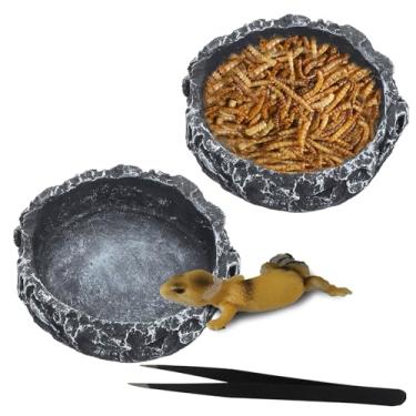 Imagem de IBWell 2 tigelas de água para répteis com pinças de alimentação, prato de comida de répteis para lagarto, cobra, tartaruga, réptil, prato de alimentação para animais pequenos, pedra cinza