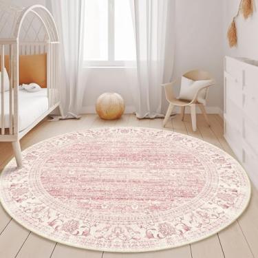 Imagem de Brakki Tapete redondo rosa de 1,8 m, tapete de área boho lavável para quarto, sala de estar, sala de jantar, quarto, cozinha, ultramacio, floral, vintage, envelhecido, antiderrapante, tapete boho
