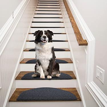 Imagem de Qingbei Rina Bullnose Tapete Escada Antiderrapante para Degraus de Madeira, 13 peças/21,5 x 66 cm Tapete de Escada Interior, Capa, Tapete para Cachorros Bebês Animais de Estimação, Conforto Semi Circular (Preto Cinza)