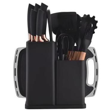 Imagem de Utensilios para Cozinha Silicone Kit com 19 Peças Cabo Madeira Conjunto Completo Espátula Concha Colher Jogo Suporte Faca Antiaderente Tabua Tesoura Faqueiro (PRETO)