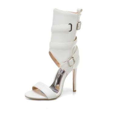 Imagem de UNWRBD Sandálias femininas de cano alto com fivela de cinto de tamanho grande de 10 cm botas de cano curto estilo estilete oco bico aberto romano, Branco, US8.5 EU42