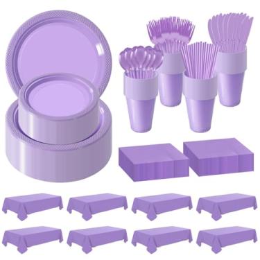 Imagem de Conjunto de louça de plástico descartável - conjunto de pratos de plástico com 484 peças, inclui 60 pratos de jantar, pratos de sobremesa, copos, traws, colheres, garfos e facas para festa (lavanda,
