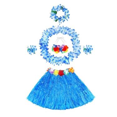Imagem de Fighting to Achieve Conjunto de fantasia de desempenho de saia de grama azul havaiana de 30 cm para meninas