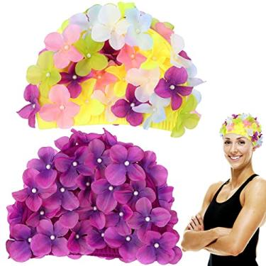 Imagem de Touca de natação floral feminina, 2 peças, feita à mão, pétalas florais, toucas de banho vintage, pétalas tridimensionais, acessórios de férias para e cabelos curtos