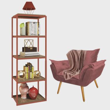 Imagem de Kit Poltrona Fatte com Manta Soft Salmão e Estante Livreiro Ferro Bronze mdf Rústico Su...