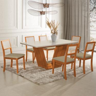 Imagem de Conjunto Sala de Jantar Luxo Mesa Safira Madeira Maciça Tampo em Vidro OffWhite com 6 Cadeiras Veludo Bege