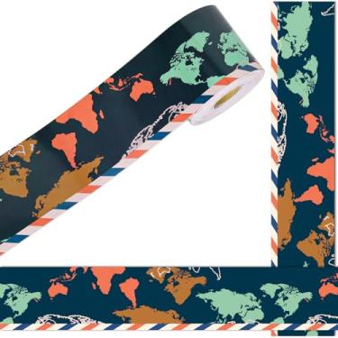 Imagem de FYSUIMU Quadro de avisos para viagem de 1,8 m com borda de quadro de avisos Explore o mundo, corte reto, acabamento de matriz, volta às aulas para decoração de parede de festa em casa, sala de aula