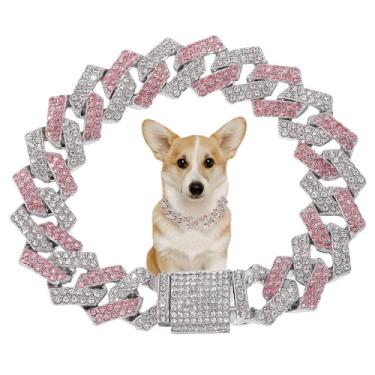 Imagem de Coleira de corrente de cachorro rosa, colar de strass, coleira para filhotes, corrente com glitter, diamante, elos cubanos, para cães pequenos, médios e grandes, 50,8 cm