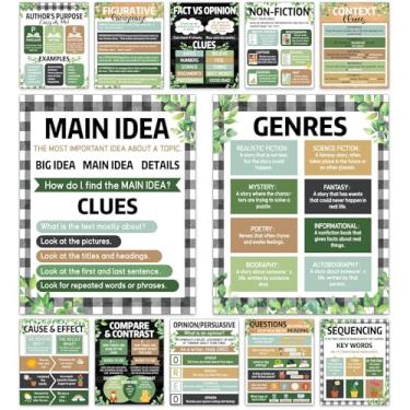 Imagem de QOUBAI 12 peças de pôsteres de sala de aula de compreensão de leitura, arte em inglês, quadro de avisos, decoração de tabela, cartaz de canto de leitura para decoração de parede do ensino fundamental