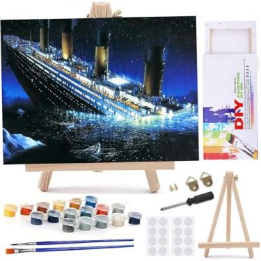 Imagem de MaiMMaledy Kit de pintura por números para adultos iniciantes imagens em tela com desenho emoldurado pigmento acrílico com cavalete triangular de madeira Titanic 20 x 30 cm C
