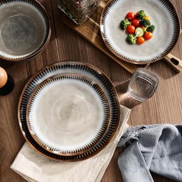 Imagem de Gufaith Conjuntos de louça de melamina para 4, 12 peças de pratos e tigelas de festa, conjunto de pratos de jantar para uso ao ar livre, ótimo para trailers, acampamento, leve, inquebrável, lavável na