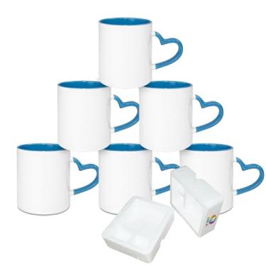 Imagem de MR.R Caneca de cerâmica para lava-louças em branco de sublimação, copo revestido em branco, canecas em branco de sublimação, copo clássico com caneca interna de cor azul e alça de coração, 325 ml, conjunto de 6