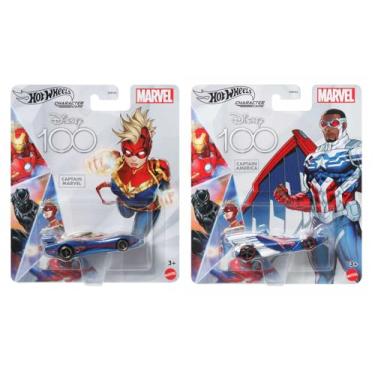 Imagem de Hot Wheels Disney 100 Marvel Character Cars, Captain America and Captain Marvel, 2-Pack Collectible Die-Cast Vehicles