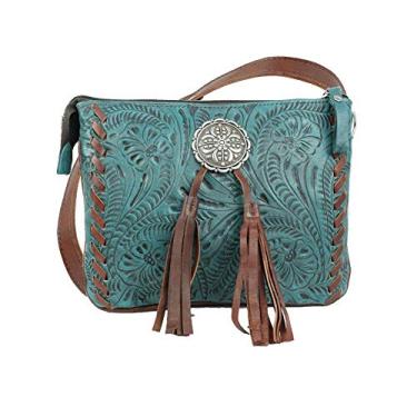 Imagem de American West Bolsa de ombro feminina média de couro transversal, Turquesa escura - zíper superior Bolo Concho, Medium