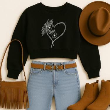 Imagem de Cropped Moletom Country Estampa Cavalo Coração Modinha Estiloso Apaixo
