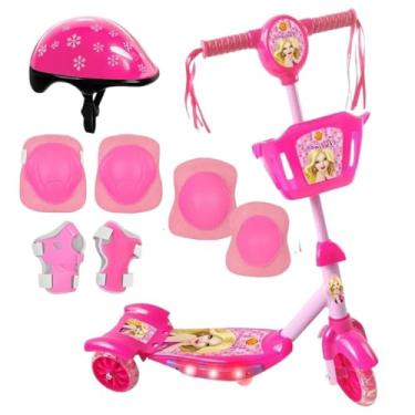 Imagem de Patinete Infantil Led 3 Rodas + Kit Proteçao Capacete Menina Rosa Completo