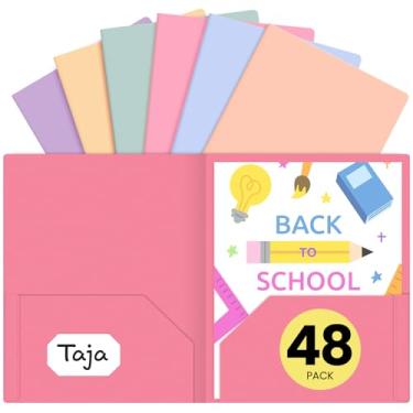 Imagem de Pastas de plástico com bolsos (pacote com 48 unidades, cores pastel sortidas), 2 pastas de bolso com compartimento para cartão de visita, pastas resistentes que servem para documentos de tamanho carta