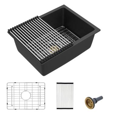 Imagem de Fulorni Pia de barra úmida de 56 x 43 cm – Bacia única clássica de quartzo composto de granito preto fosco sob o balcão pequena para preparação de bar de cozinha