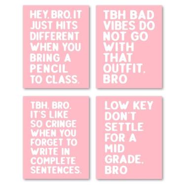 Imagem de Hxlac Conjunto de 4 impressões de arte de parede engraçadas para sala de aula, pôsteres do ensino médio, decoração de parede rosa e branco, decoração de parede engraçada para sala de leitura, 20 x 25