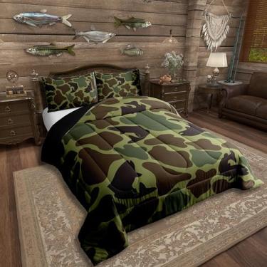 Imagem de Erosebridal Conjunto de edredom Queen caçador de peixes, camuflagem, exército, caçador, 3 peças, rústico, vida selvagem, casa de fazenda, robalo, vintage, verde, acampamento, presentes, decoração de